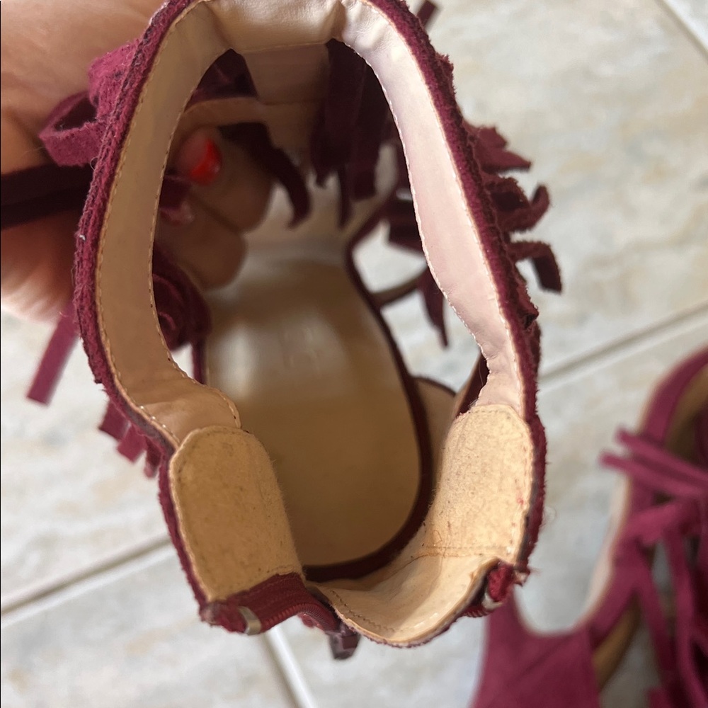 Fringe Burgundy Heeled Sandals - Picture 6 of 10